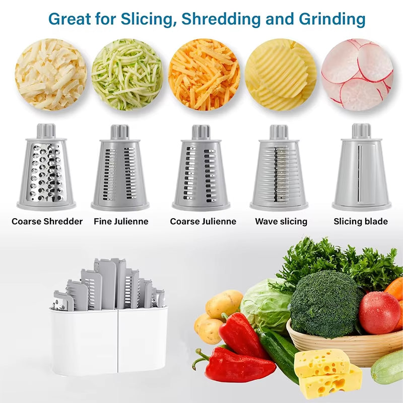 5 in 1 Rotary Cheese Grater Shredder Kitchen Mandoline Vegetable Julienne Slicer Waffle Cutter Nut Chopper JT247