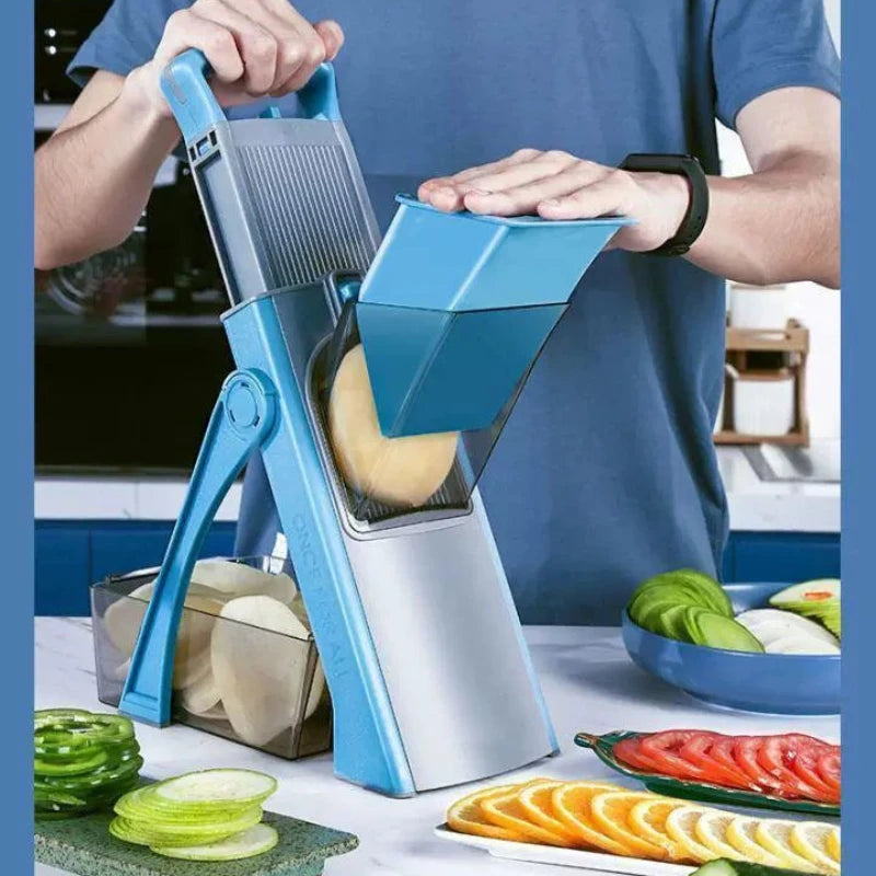 Multifunctional Mandoline Vertical Vegetable Chopper, Manual Kitchen Slicer Shredder Grater Cutter with Safe Pusher & Container